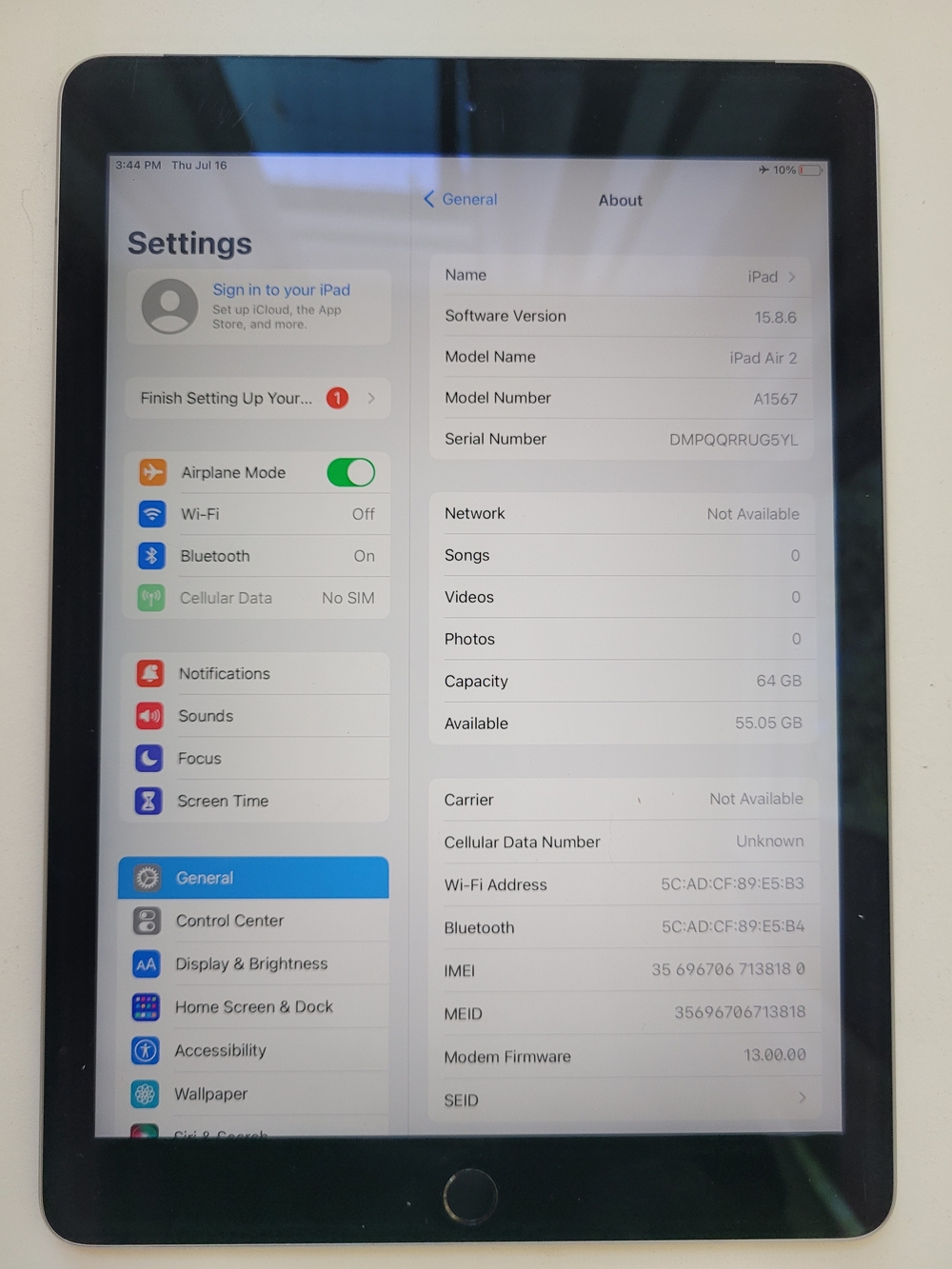 Apple iPad Air 2nd Gen Cellular Black Used **AJ**